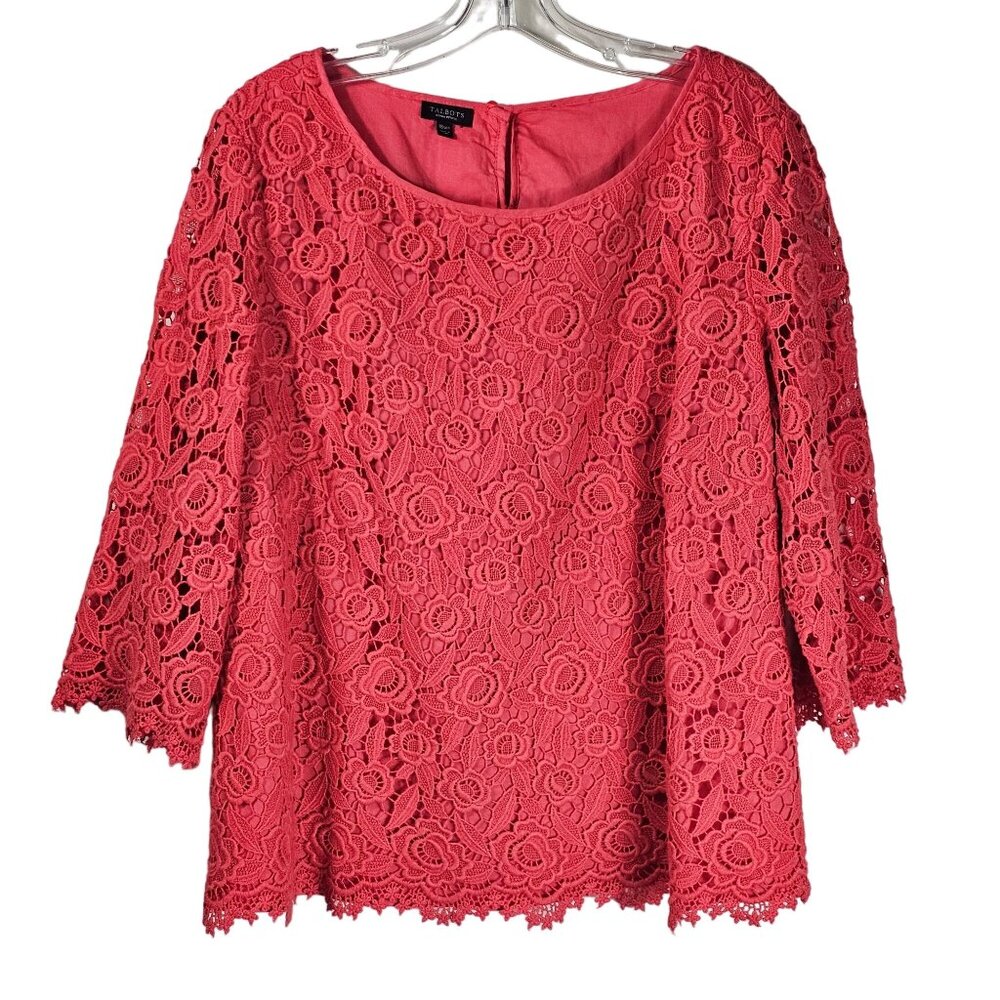 Talbots Lace Boatneck Blouse 18WP‎ Chili Red Floral 3/4 Sleeve Valentines Day